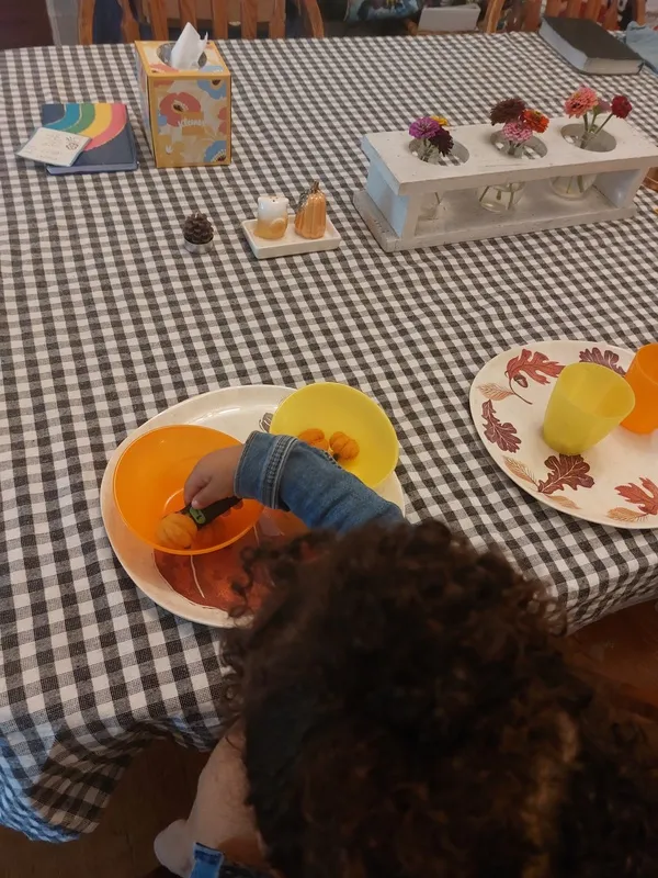 The activiy in an earlier photo in use: a child scooping tiny pumpkins from one bowl into the other.