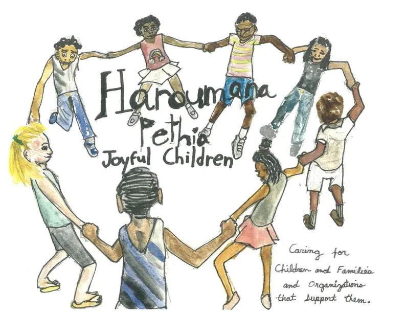 Artwork of children holding hands to make a circle with the title Haroumena Pethia Joyful Children written in the center